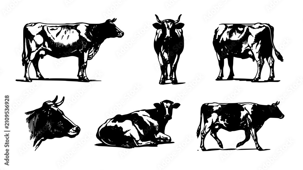 Fototapeta premium Cows in Various Poses and Perspectives, Detailed Black and White Sketch Illustration Featuring Cow, Animal, Farm with Livestock