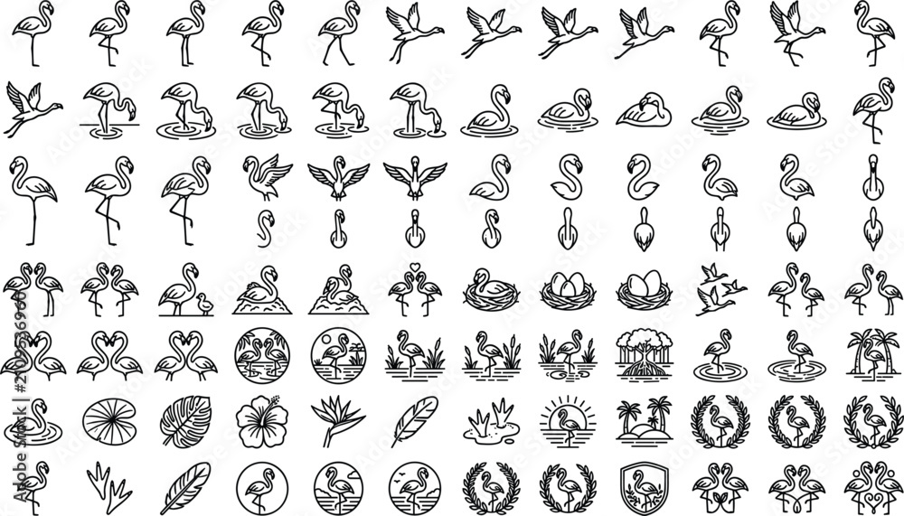 Fototapeta premium Flamingo and Tropical Bird Line Art Icon Set with Cute Outline Symbols for Exotic Wildlife, Flying Poses, Nesting Eggs, and Paradise Floral Leaves