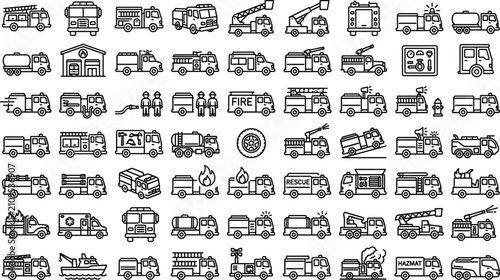 Fotografía Fire Engine and Emergency Service Line Icon Set with Outline Symbols for Firetru
