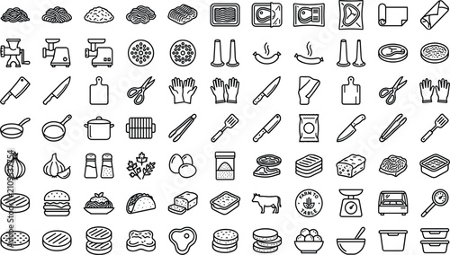 Ground Beef and Minced Meat Cooking Line Icon Set with Outline Symbols for Meat Grinders, Burger Patties, Kitchen Utensils, and Butcher Shop Logistics