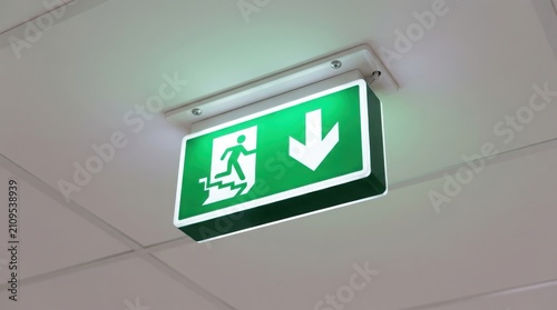 Green emergency exit sign with down arrow and stairs pictogram mounted on ceiling