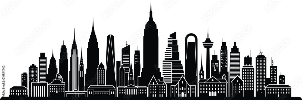 Obraz premium Panoramic modern city skyline silhouette with famous skyscrapers, downtown buildings, urban architecture, tower landmarks, and metropolis horizon isolated on white background.