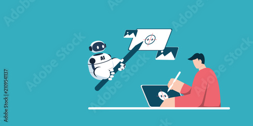 Foto Robot holding a large stylus pen to generate digital picture while artist draws on tablet, showing human and artificial intelligence collaboration on blue background