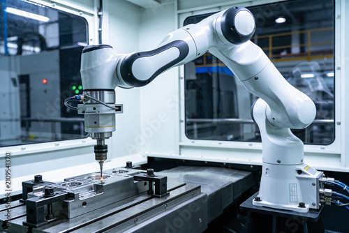 Obraz na plátne Automated robotic arm precisely drilling metal component in modern manufacturing