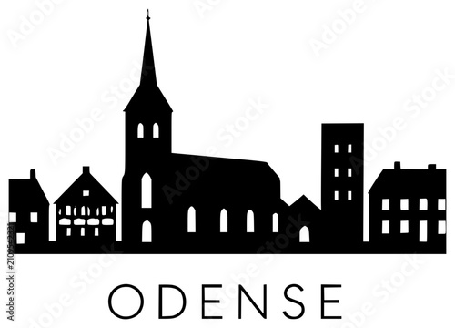 Cuadro en lienzo Odense Skyline black silhouette vector illustration, simple flat clipart design