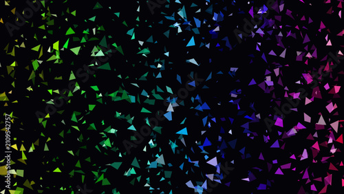 Schilderij op canvas Confetti shards drift across a dark canvas in a rhythmic flow of cool tones, displaying a seamless shift from vivid green to deep purple for a professional and modern look in creative media design