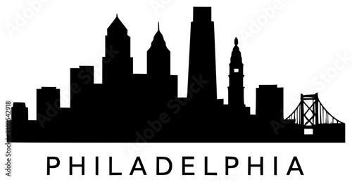 Philadelphia Skyline black silhouette vector illustration, simple flat clipart design isolated on white background