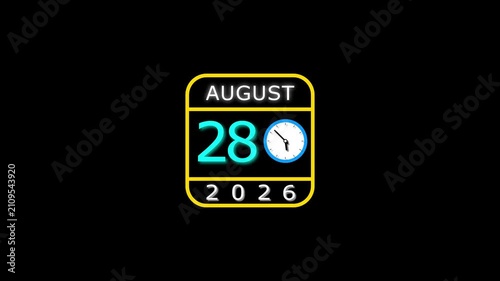 August 28 date 2026 animation . clock and black background clean and stunning 4k animation.