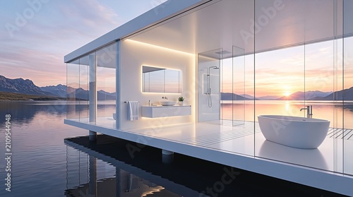 Luxury minimalist glass bathroom villa on lake with beautiful view