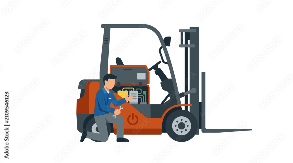 Naklejka premium A mechanic is repairing an orange forklift in a warehouse setting.