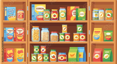 Organized kitchen pantry shelves with food products including cereal boxes, canned vegetables, glass jars of grains, and packaged snacks in a neat vector illustration