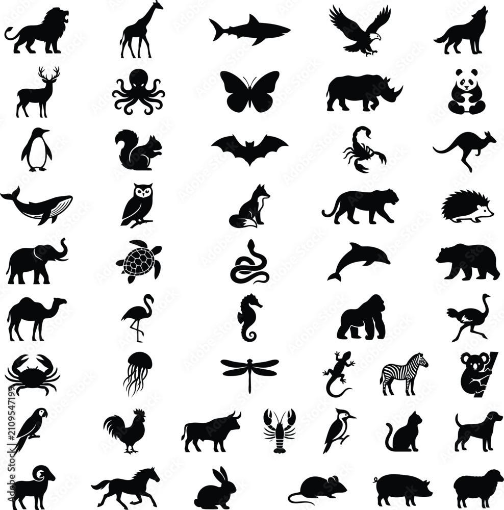 Fototapeta premium Comprehensive collection of assorted animal silhouettes for branding and decorative creative graphic design utility packs