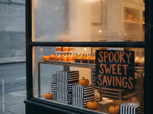 Bakery window display with cat face cupcakes, striped gift boxes and mini pumpkins for Halloween spooky sweet savings. Offer rebate. Sale promotion banner for Halloween celebrating with copy-space.