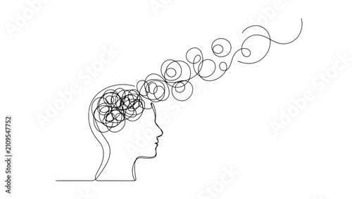 Mental Clarity One Line Drawing Vector – Human Mind, Overthinking, Anxiety and Emotional Release Concept
