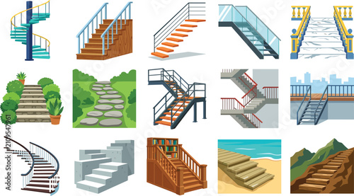 Architectural staircase styles modern interior steps and outdoor landscape garden stairs vector illustration collection set.