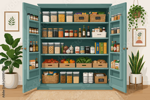 An organized kitchen pantry cabinet filled with neatly arranged glass jars, canned goods, spices, and fresh vegetables in wooden crates
