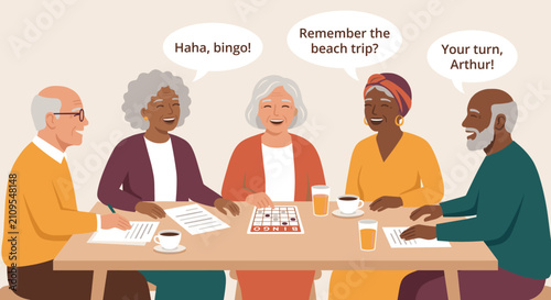 Diverse group of happy senior citizens playing bingo and socializing together around a table in a retirement community center vector illustration
