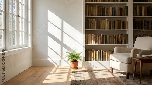 Cozy reading corner with an armchair and a bookshelf in a bright living room filled with warm afternoon sunlight