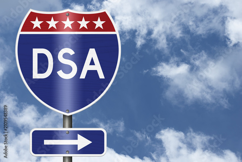 DSA text on an American interstate road sign with sky for Democratic Socialists of America