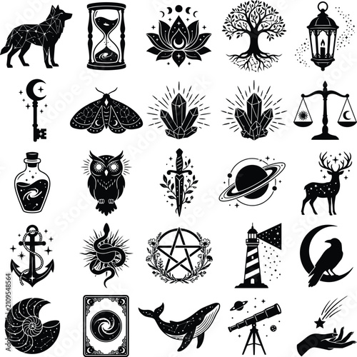 Mystical celestial vector icon set featuring moon phases and magical nature elements for spiritual design