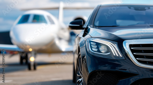 Luxury black limousine car with private white jet aircraft at the airport runway