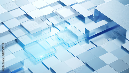 Abstract geometric blocks, AI, business finance, digital infrastructure concept. 3D cube abstract geometric blocks- technology and blockchain network. 3d rendering