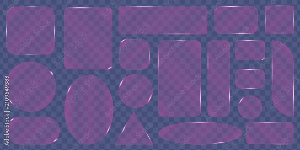 Fototapeta premium Collection of glossy purple geometric shapes on transparent background for design elements