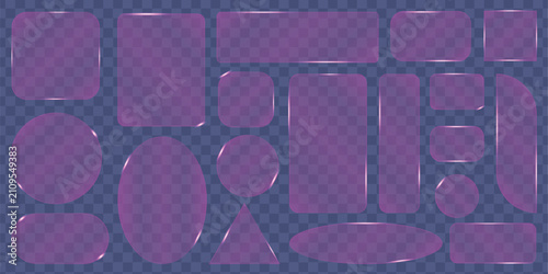 Collection of glossy purple geometric shapes on transparent background for design elements