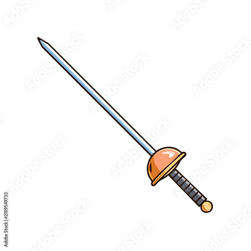 Cartoon style illustration of a rapier sword with a bell guard and black grip