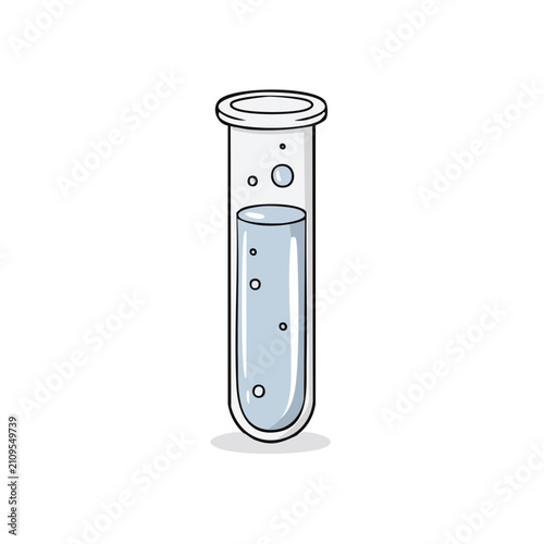 Hand drawn illustration of a clear glass test tube filled with liquid and bubbles