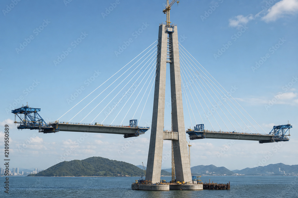 Obraz premium Cable Stayed Bridge Rising Over Coastal Waters