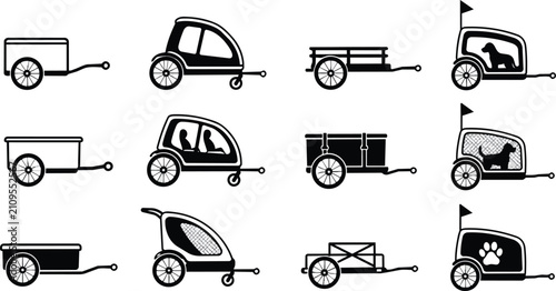 Diverse Bicycle Trailers Icons Collection for Cargo, Children, and Pets