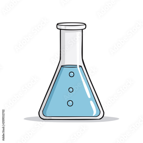 Laboratory flask with blue liquid and bubbles on a white background scientific experiment