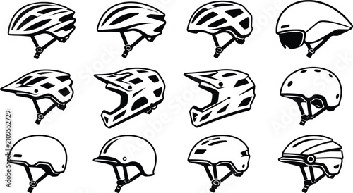 Diverse black and white sport cycling bicycle helmets vector icons set.