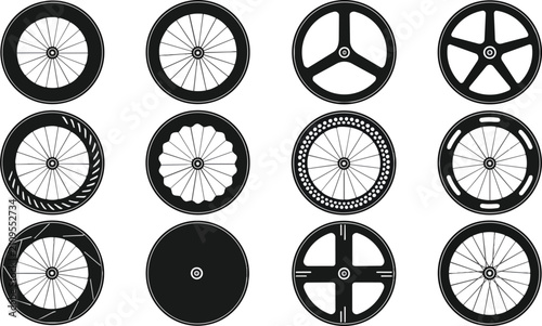 Diverse Bicycle Wheel Icons Collection Black and White Design Set