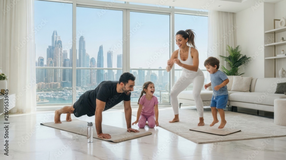 Obraz premium Family enjoys a healthy workout session together in their modern apartment with a city view