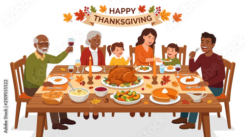 Картината върху платно Happy family celebrating Thanksgiving with a festive meal together