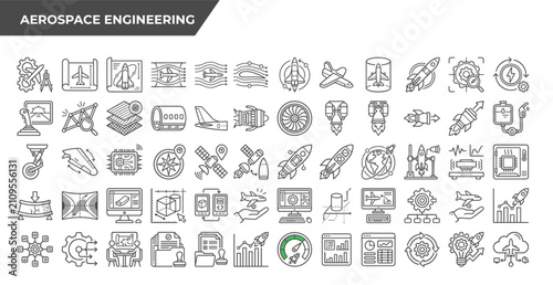 Aerospace engineering vector icon set rocket aviation technology thin line outline