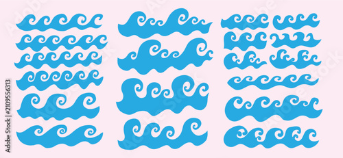   Abstract comic water different shapes. Cartoon sea waves, flowing waves. Vector clip-art icon illustration