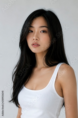Portrait of a young Asian woman with long black hair, wearing a white tank top on a gray background.