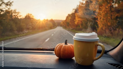 Autumn road trip coffee and pumpkin on car dashboard during sunset drive