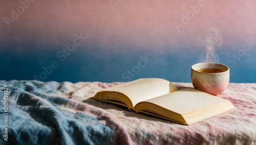 Cozy still life featuring an open book and a steaming cup of tea on soft textured fabric against a pastel gradient background, evoking relaxation, mindfulness, peaceful reading, and comfort.