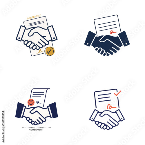 Business Agreement Handshake Icons Collection with Signed Contract Documents, Partnership Deal, Legal Paperwork, Contract Approval, Collaboration, Business Success and Corporate Agreement Vector Set