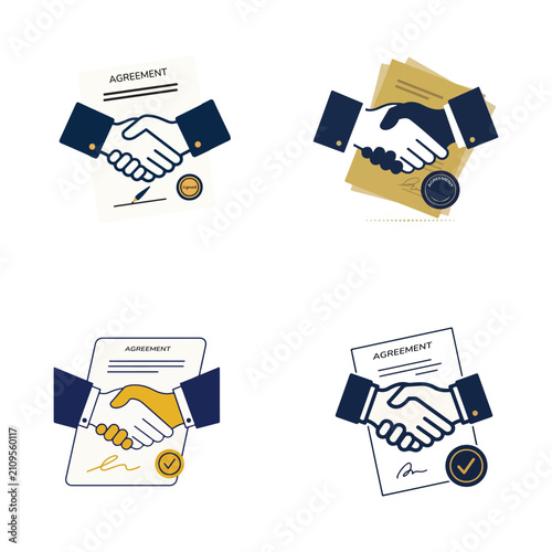 Business Agreement Handshake Icons Collection with Signed Contract Documents, Partnership Deal, Legal Paperwork, Contract Approval, Collaboration, Business Success and Corporate Agreement Vector Set