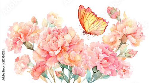 watercolor botanical butterfly and Carnation flowers texture template background. Design for wedding, vip cover, poster, rsvp moderncard.Valentine's Day	