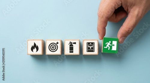 Hand placing a green emergency exit sign block next to fire safety equipment icons