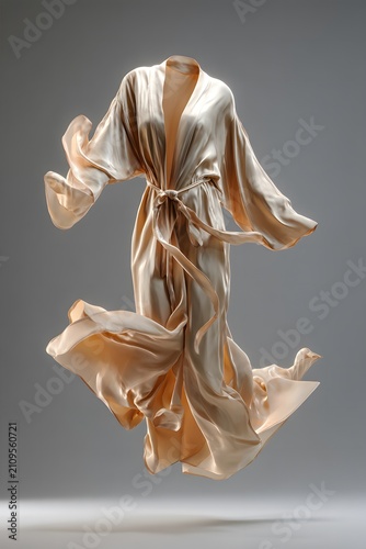 Champagne colored silk robe levitating elegantly against a neutral background, showcasing flowing fabric and intricate details of the garment's design and texture