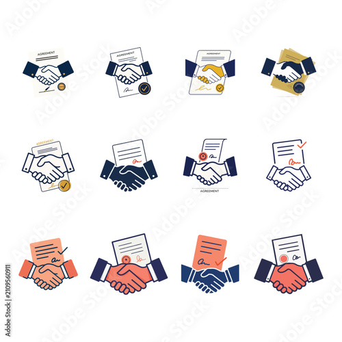 Business Agreement Handshake Icons Collection with Signed Contract Documents, Partnership Deal, Legal Paperwork, Contract Approval, Collaboration, Business Success and Corporate Agreement Vector Set