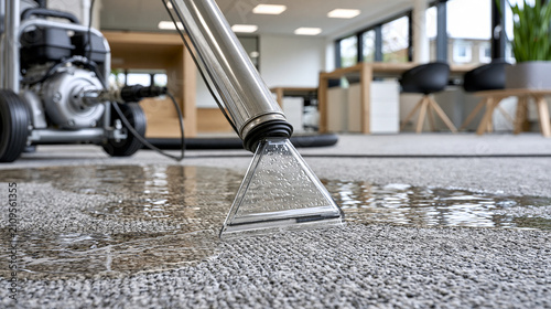 Wet carpet cleanup after flood damage in a modern workplace, emergency restoration service, with copy space