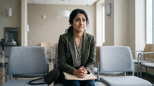 Woman waiting anxiously in a modern embassy waiting room with neutral tones